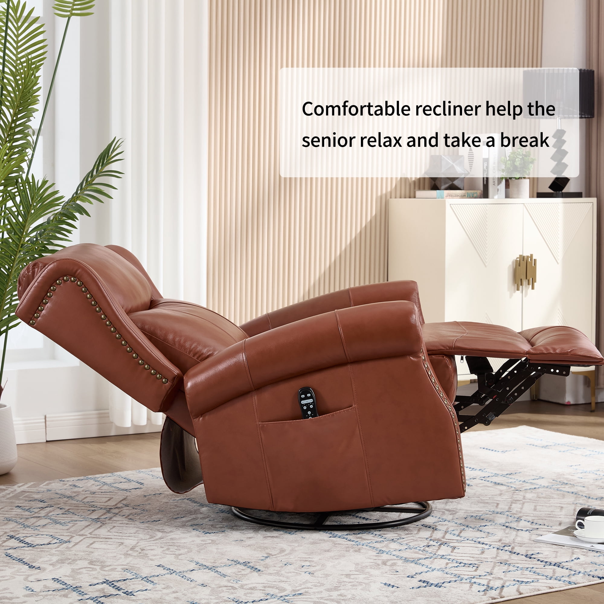 Leumius Swivel Rocker Recliner Chair with Vibration Massage and Lumbar Heating,Ergonomic Lounge Chair with Rocking Function,Rivet Design,Red