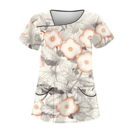 

EHTMSAK Printed Scrub Tops 3x Floral with Pocket V-Neck Cartoon Printed Casual Short Sleeve Working Uniform Top Nurses Tunic Uniform Clinic Carer V-Neck Protective Clothing Tops Light Gray XL