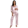 thumbnail image 5 of Womens Silk Satin Pajamas Loungewear Two-piece 3/4 Sleeve Long Pants Sleepwear Pj Set, 5 of 7