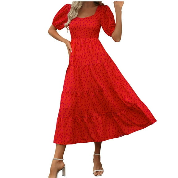 Lmnyox Floral Midi Dress for Women Flowy Short Sleeve Square Neck Dress Summer A Line Vacation Dress