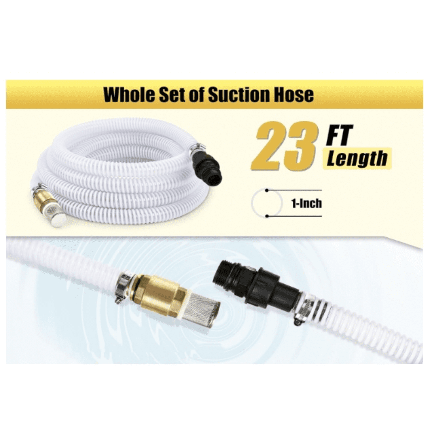 23FT x 1" Suction Hose Kit with Brass Fitting Check Valve and NPT 1" Thread, Water Intake Hose Set, Aspiration Hose for Well Shallow Sprinkler Garden Booster Pump, White