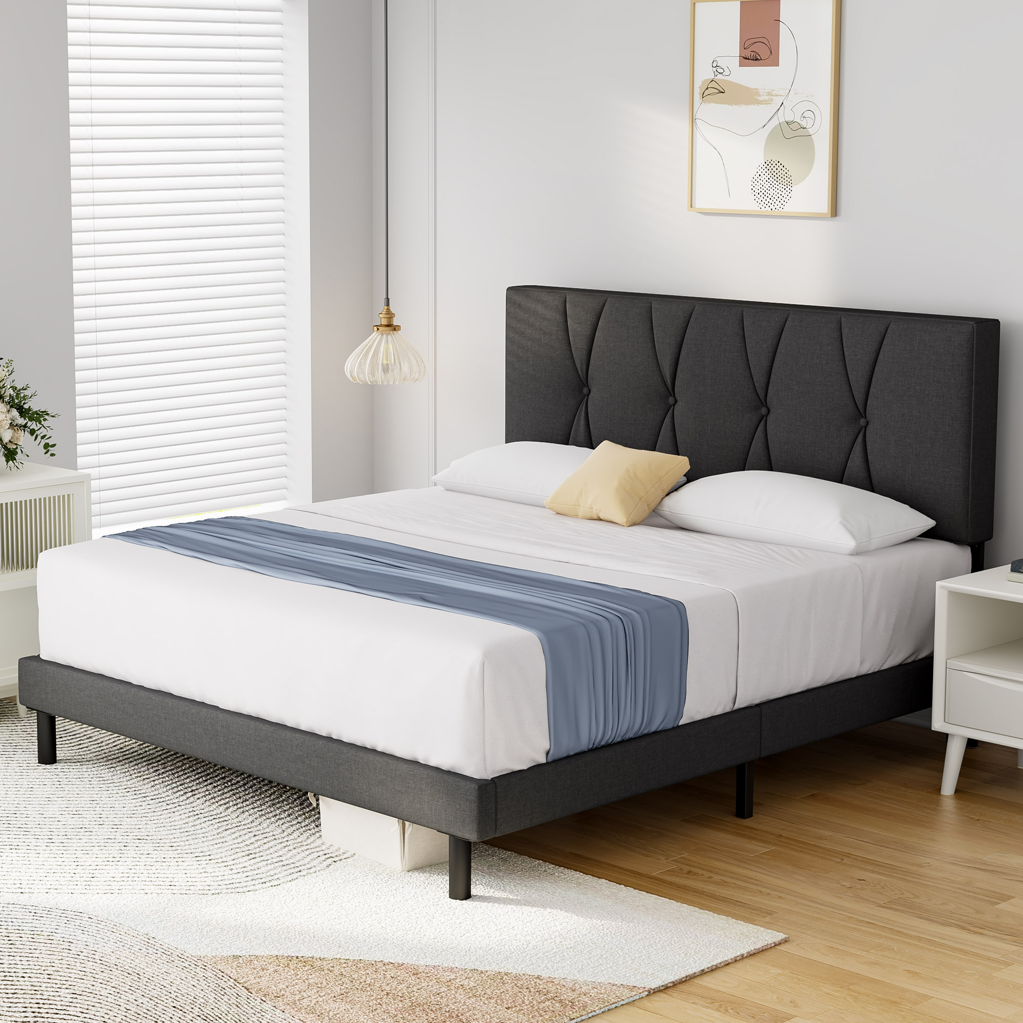 Queen Bed Frame, HAIIDE Queen Size Platform Bed With Fabric Upholstered Headboard, Dark Grey - image 5 of 7