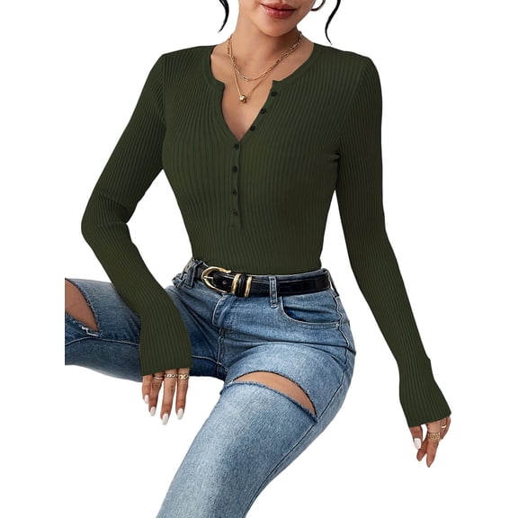 Women'S Long Sleeve Henley Tops Ribbed Knit Slim Fitted Trendy T Shirt Basic Tees Layer Fashion Outfits Green XL