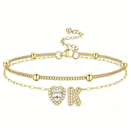 DESIGNICE Initial Anklet Bracelets for Women Waterproof Non Tarnish 14K Gold/White Gold Plated Cz Anklets for Women Dainty Layered Letter Heart Ankle Bracelets Adjustable Foot Chain Anklet