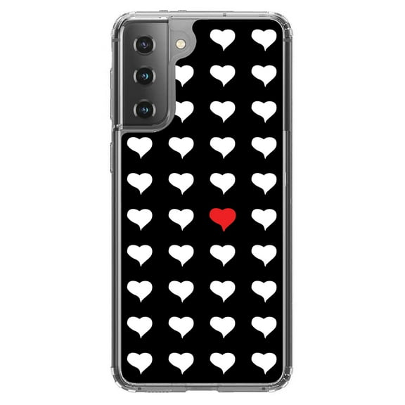 DistinctInk Clear Shockproof Hybrid Case for Galaxy S21 5G (6.2" Screen) - TPU Bumper, Acrylic Back, Tempered Glass Screen Protector - Red White Black Repeating Hearts
