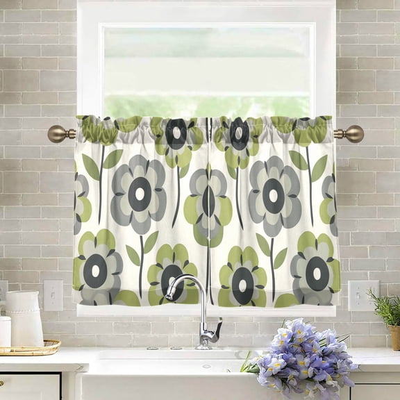 Yayeee Kitchen Curtains Tier Pair Light Filtering 27"x24" Rod Pocket Short Cafe Window Panel, Retro Flower