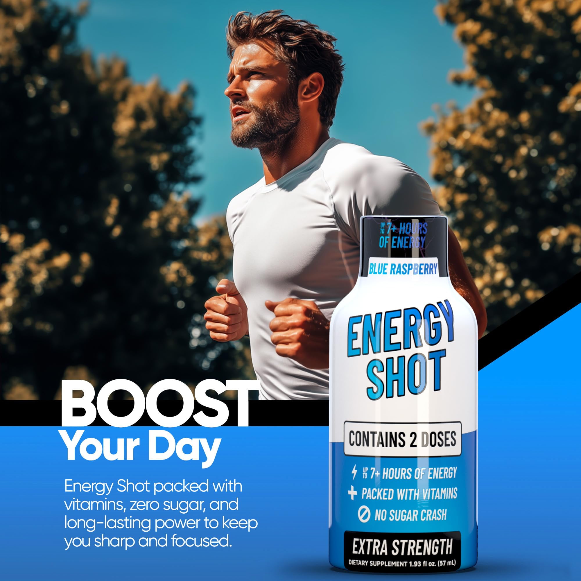 Grade A Quality Blue Raspberry Extra Strength Shot, 24 Pack – 260mg Natural Caffeine, B12 & B6, 2 Servings, Zero Sugar, 1.93 fl oz