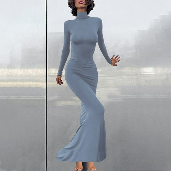 FcBaudy Long Sleeve Round-Neck Ankle Dress,Summer Dresses for Women Fashion Women Comfortable Pullover Solid Color Lower Back Wrap Buttocks Long Sleeve Round-Neck Ankle Dress Women Dress