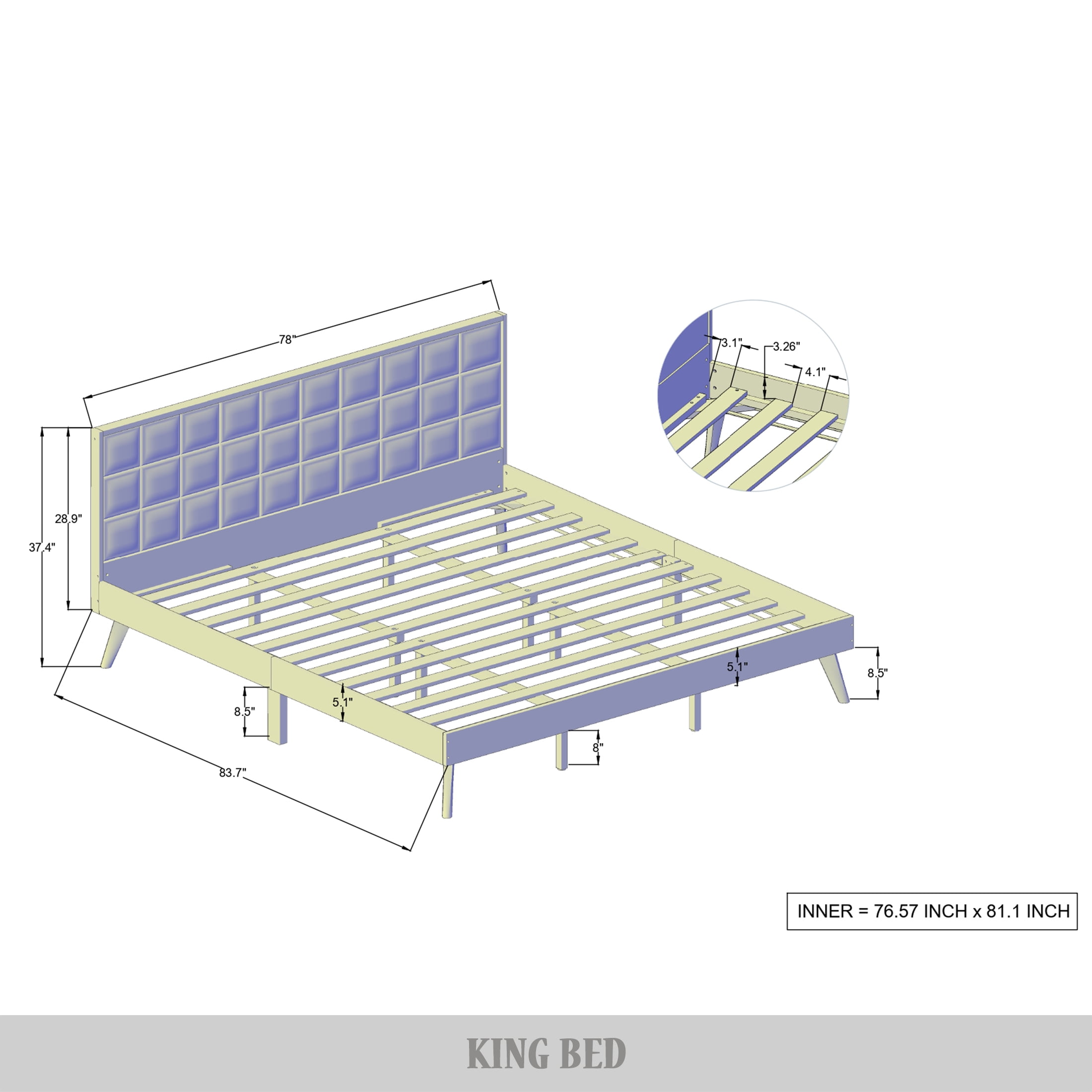 Castle Place Modern Wooden King Platform Bed, Antique Grey