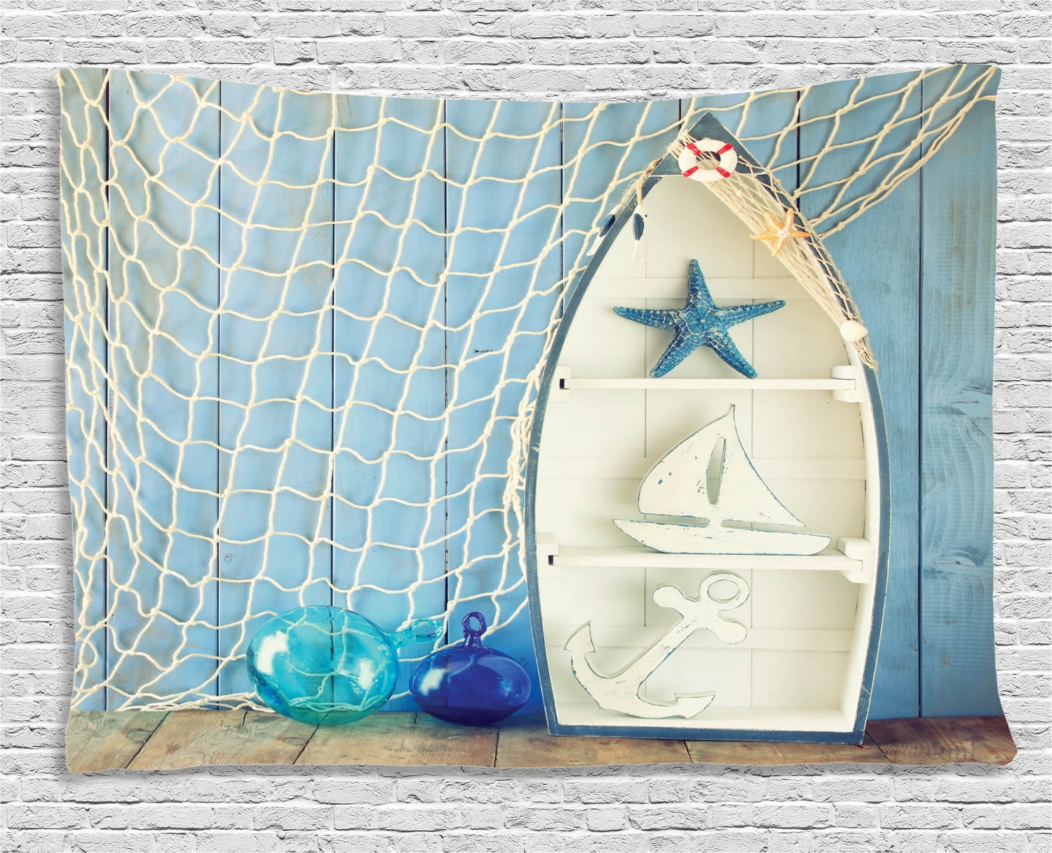 Nautical Decor Tapestry, Sea Objects on Wooden with Vintage Boat Starfish Shell Fishing Net
