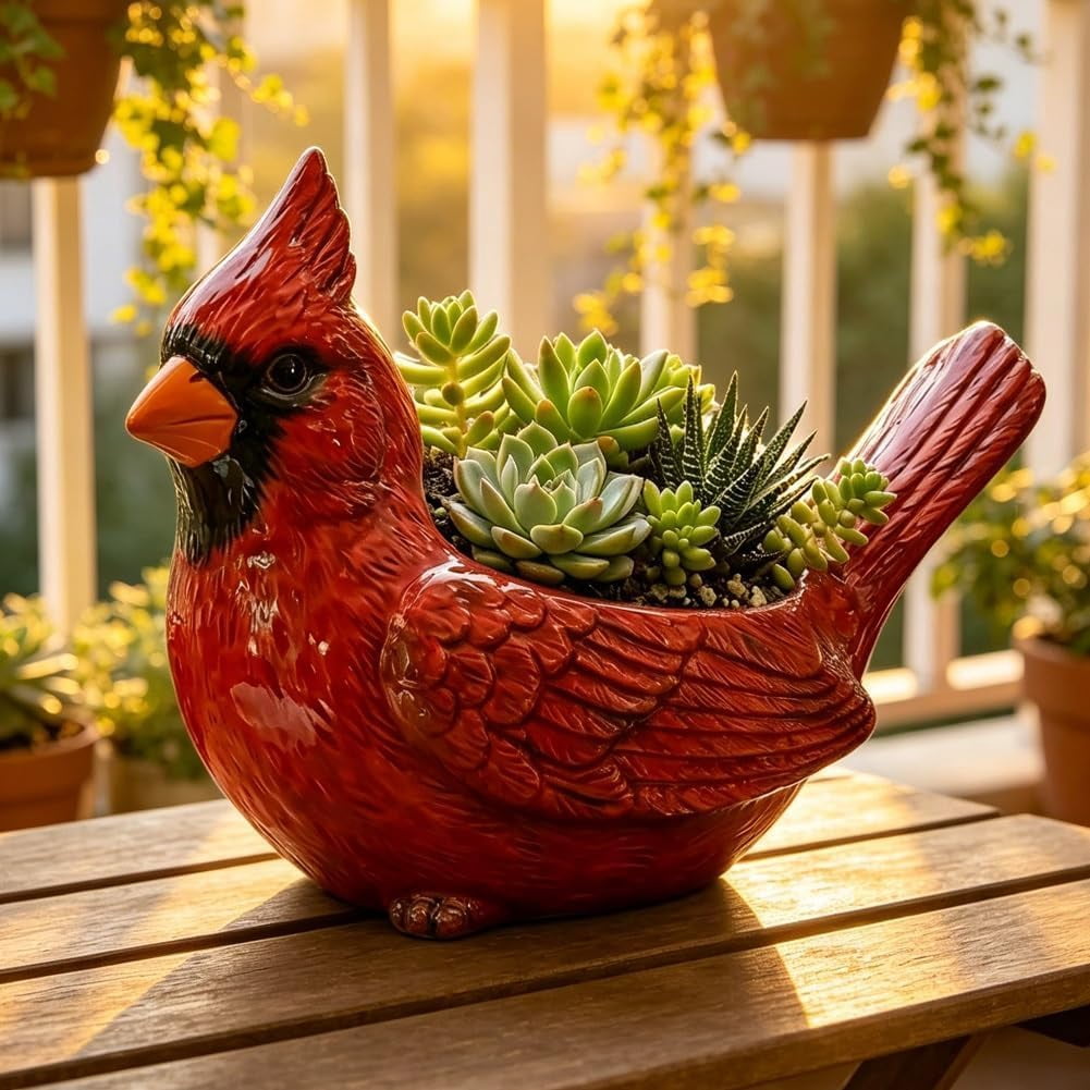 Cardinal Bird Succulent Planter – Red Resin Cardinal Outdoor Decor Planter – Decorative Animal Flower Pot for Garden, Patio, Balcony – Gift for Bird Lovers (2PCS)