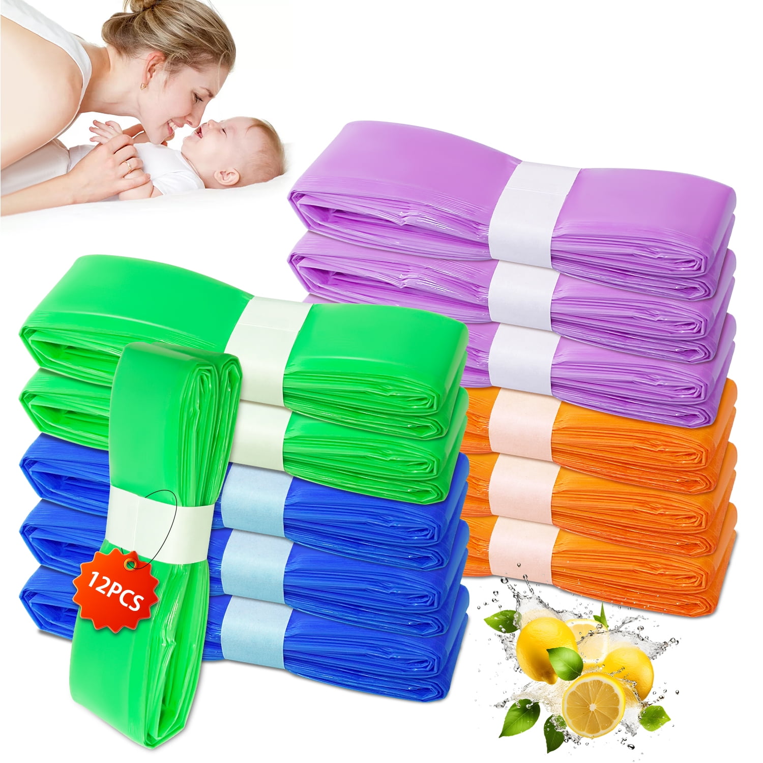 ZDSSY Foldable Refill Liners for Diaper Pail Pails, 7-Layer Bags with Lemon Scented Odor-Lock Trash Can Liners, Waste Disposal Bags for Diaper Pails, 12 Pack