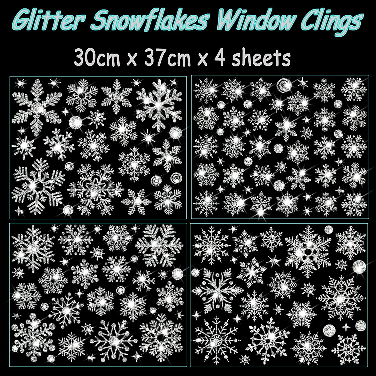 Glitter Snowflake Window Clings, 147PCS Silver Sparkling Christmas Window Clings Winter Wonderland Decorations for Home Christmas Party (Glitter Snowflake)