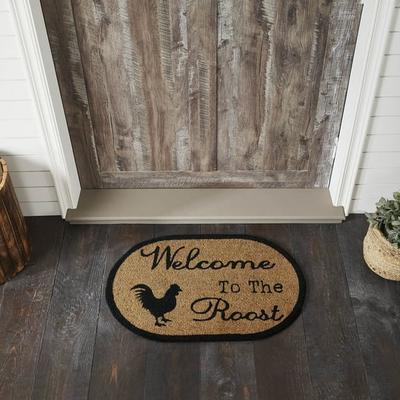 VHC Brands Coir Welcome Door Mat, Entry Rug, with PVC Backing, for Indoor Outdoor Use, Down Home Collection, Oval 20x30 Doormat, Welcome to the Roost, Natural