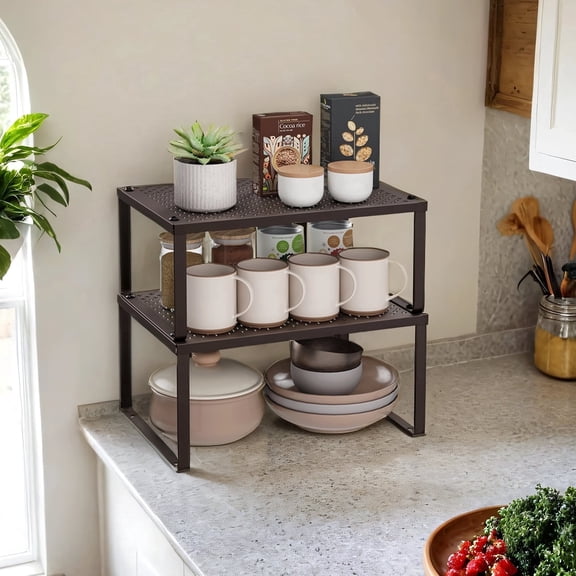 Set of 2 Expandable Metal Spice Racks, Stackable Shelf Organizers for Cabinet or Countertop, 22 lb Capacity, Brown