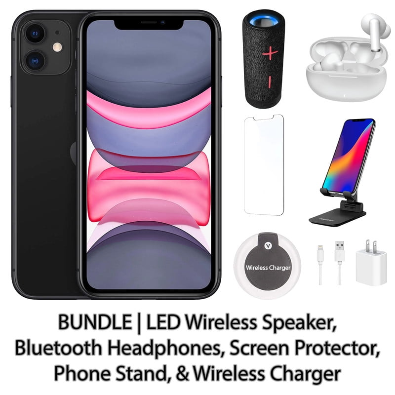 Restored Apple iPhone 11 64GB Black Fully Unlocked Bundle: LED Wireless Speaker, Bluetooth Headphones, Screen Protector, Wireless Charger, & Phone Stand (Refurbished)