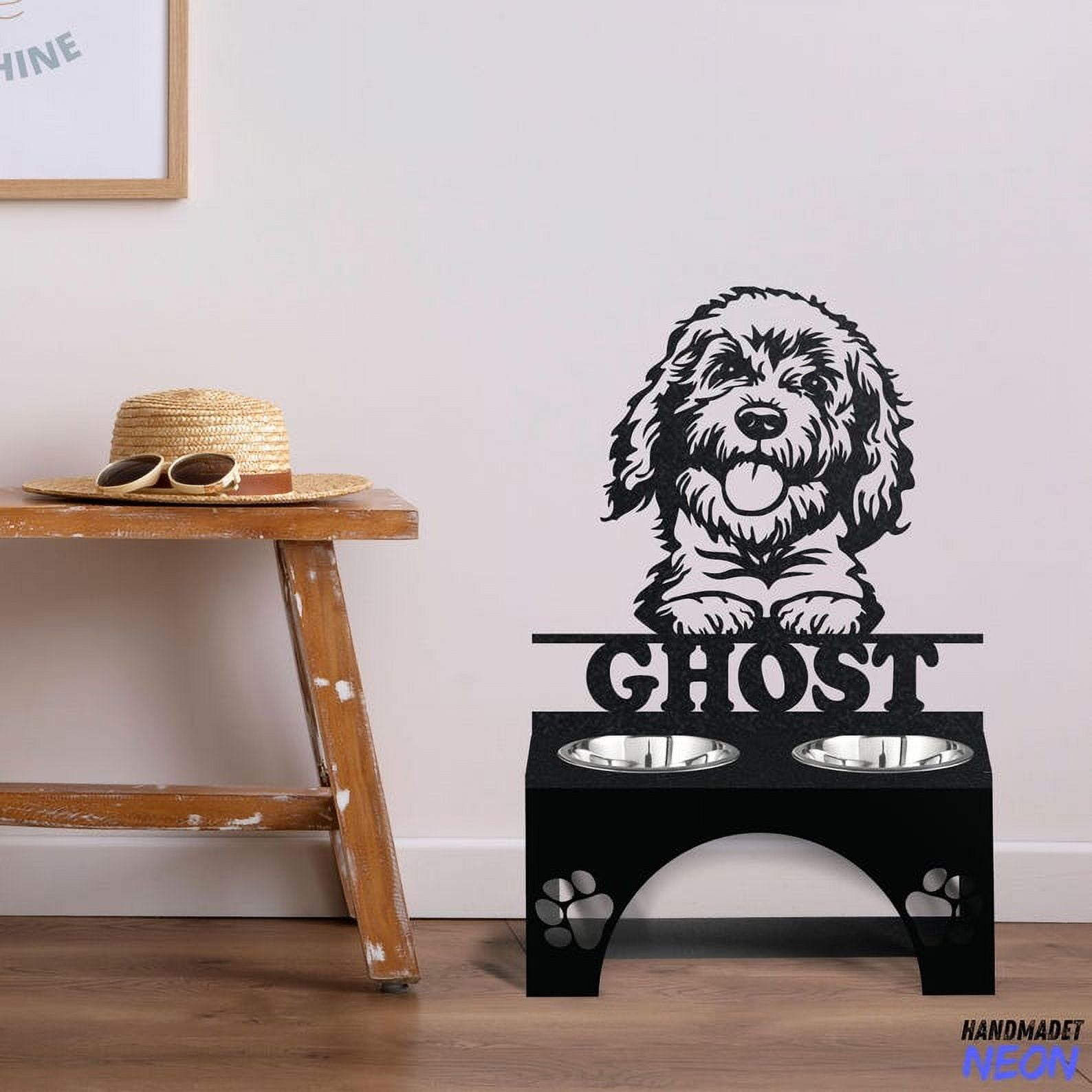 Handmadetneonsign Goldendoodle Dog Metal Bowl Holder, Goldendoodle Dog Food Bowl Stand 97461