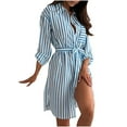 thumbnail image 2 of Taylonsss Womens Casual Dress Striped Print Lapel Collar Loose Belted Three-Quarter Sleeve Relaxed Everyday Outfit, 2 of 6