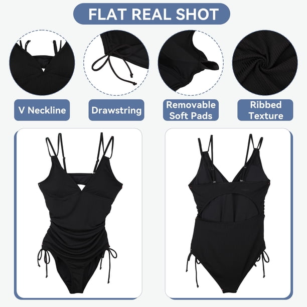 Traje de baño de canalé con cuello en V Qarigey para mujer modesto y moderno negro L