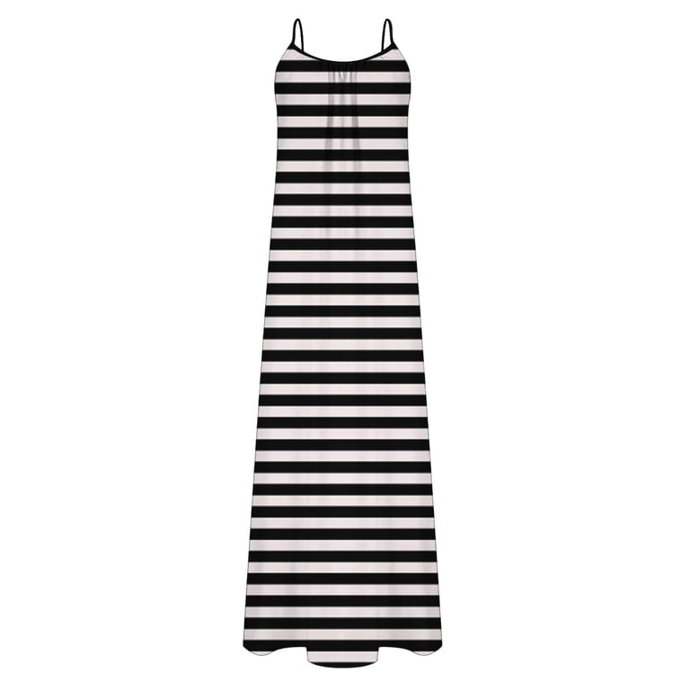 horizontal black and white striped dress Tsivenald Casual Summer Dresses for Women Spaghetti Strap Maxi Scoop Neck Low Back Tie Back Casual Beach Dress CR Los Angeles Apparel | Color:Saffron A sleeveless maxi dress