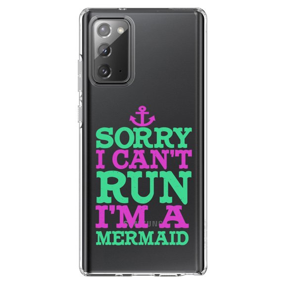 DistinctInk Clear Shockproof Hybrid Case for Samsung Galaxy Note 20 (6.7" Screen) - TPU Bumper Acrylic Back Tempered Glass Screen Protector - Sorry I Can't Run I'm a Mermaid