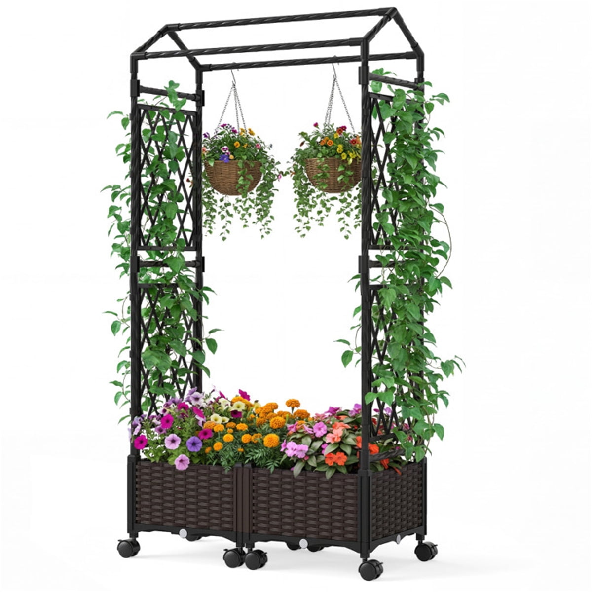 5.5 FT Raised Garden Bed with Trellis Self-Watering Planter Boxes with Lockable Wheels, 2 Configurations Vertical Garden Planter for Patio Balcony
