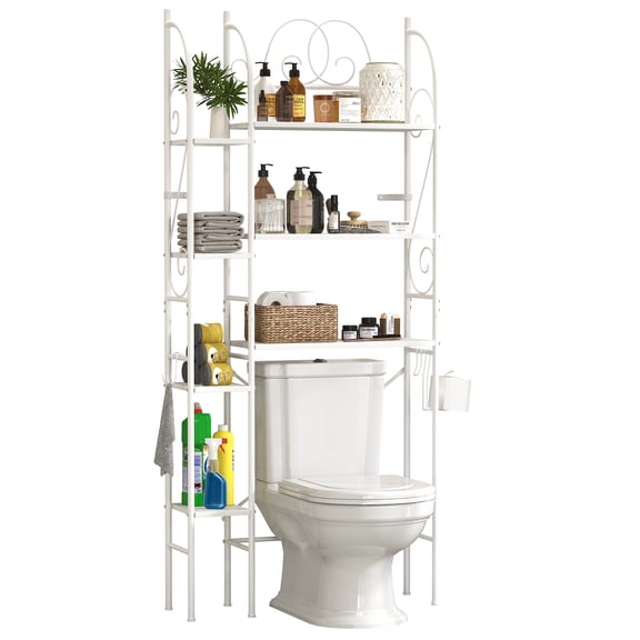 7-Tier Over the Toilet Storage Rack, Heavy-Duty Metal Bathroom Organizer with Adjustable Shelf, Dual Toilet Paper Holders, Side Hooks, Space Saver for Small Bathroom Storage, Black