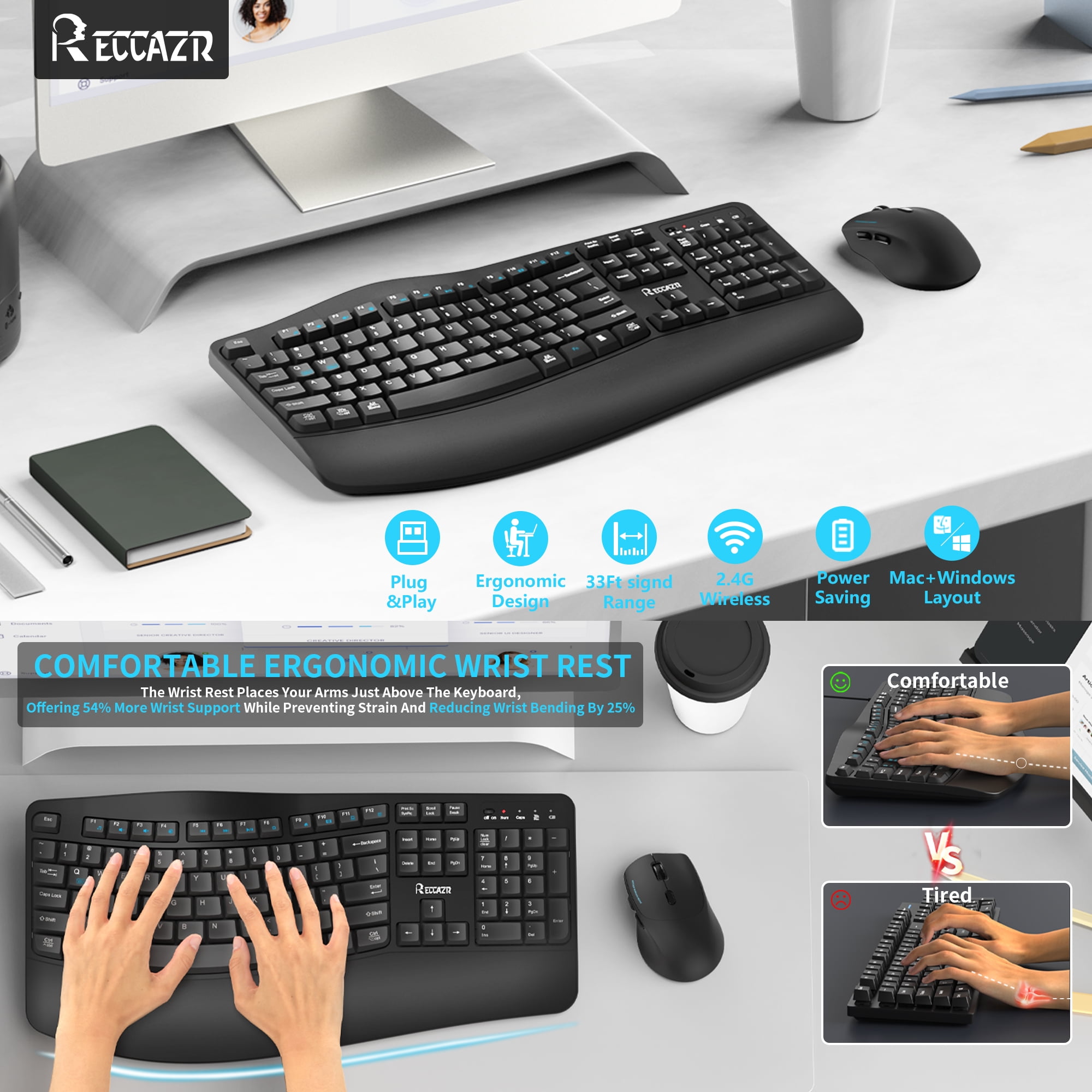 Wireless Keyboard and Mouse Combo,2.4G Full Size Wave Keys Ergonomic Keyboard with Wrist Rest for Natural Typing, 3 DPI Adjustable Ergonomic Silent Mouse for Computer/Laptop/Windows/Mac (Black)