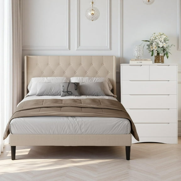 Jolifa Bedroom Furniture Set,Beige Full Size Bed Frame,White Wood 6 Tall Drawer Dresser,Sturdy and Stable,for Small Space|Apartment|Studio