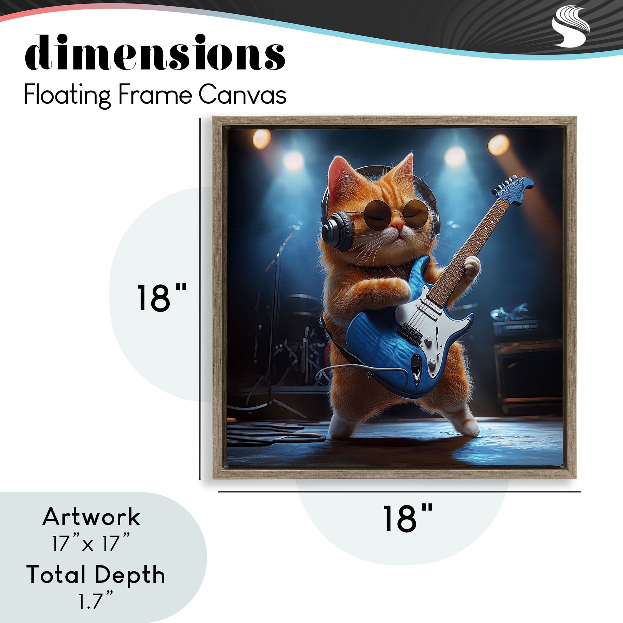 Cat Guitarist in Band Brown Framed Floater Canvas Wall Art, design by Jim Baldwin
