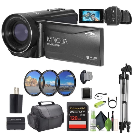 MINOLTA MN4K300WP 4K Ultra HD / 56 MP Waterproof Video Camcorder (Black) Bundle With 128GB Memory Card + Camera Tripod + More Accessories