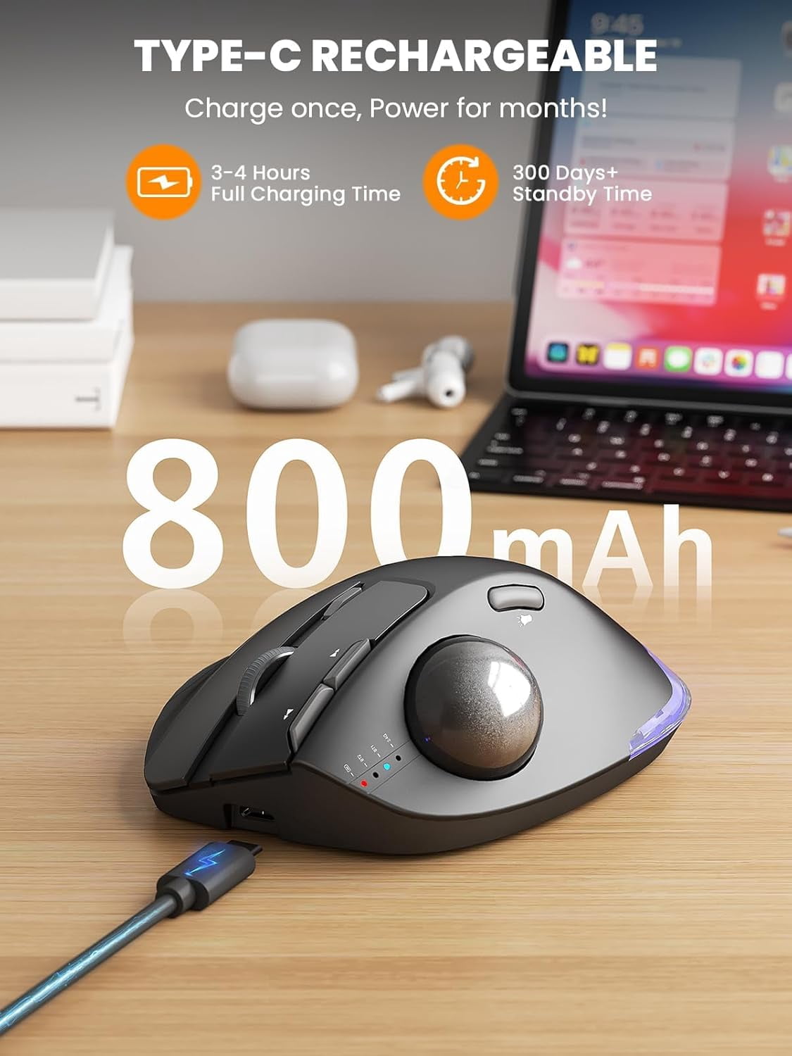 Ergonomic Wireless Trackball Mouse, Adjustable Angle, Thumb Control, Quiet Click, Rechargeable, Multi-Device Bluetooth & USB, for Windows Mac-Black Ball