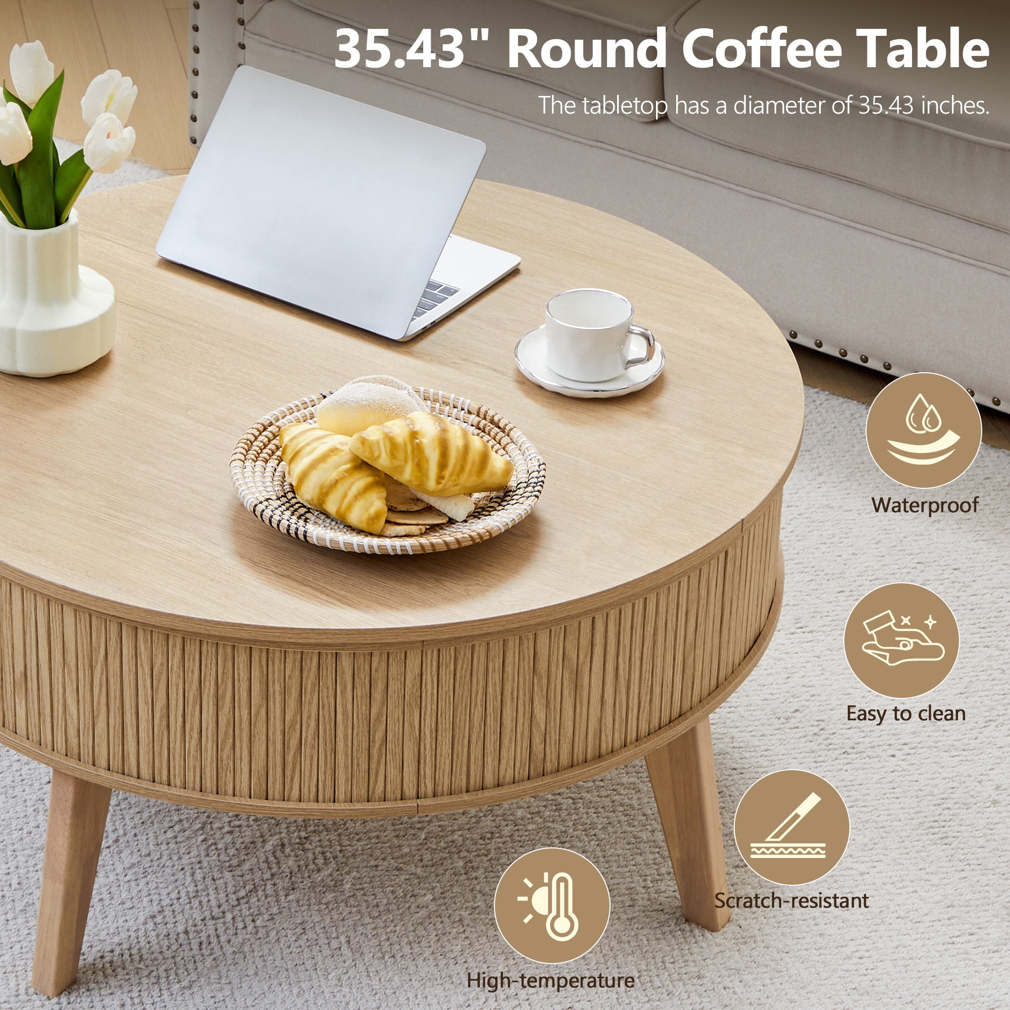 PHOYAL 4 in 1 Fluted Round Coffee Table with Flip Top and Lift Top, Round Coffee Table with Hidden Compartments Storage for Living Room, Natural
