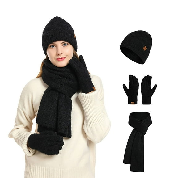 Glisme Hat Gloves Scarf Set 3 Piece Women Winter Warm Thick Warm Ear Protecting Beanie Knit Hat Touchscreen Gloves Velvet Scarf Set For Cold Weather Black