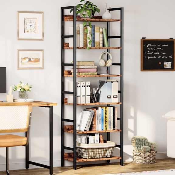 6 Tier Bookshelf with Adjustable Shelves, Metal and Wood Open Bookcase,Tall Industrial Storage Shelf for Bedroom, Living Room and Home Office, Rustic Brown