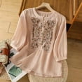 thumbnail image 2 of T-Shirts For Women Embroidered Tops For Floral Cotton Linen Tunic Tshirt Tee 3/4 Sleeve V Neck Button Boho Ethnic Womens Tops, 2 of 3