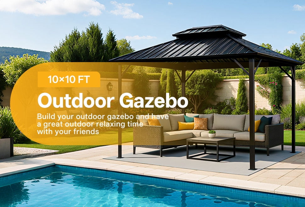 MeWang 10x10 Hardtop Gazebo, Black Aluminum Frame with Double Galvanized Steel Roof, Outdoor Patio Canopy for Backyard, Garden, Deck