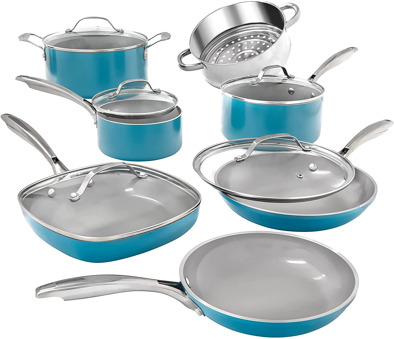 Set of 6 pcs pans enamelled kitchen soup pot stove white & green spice 