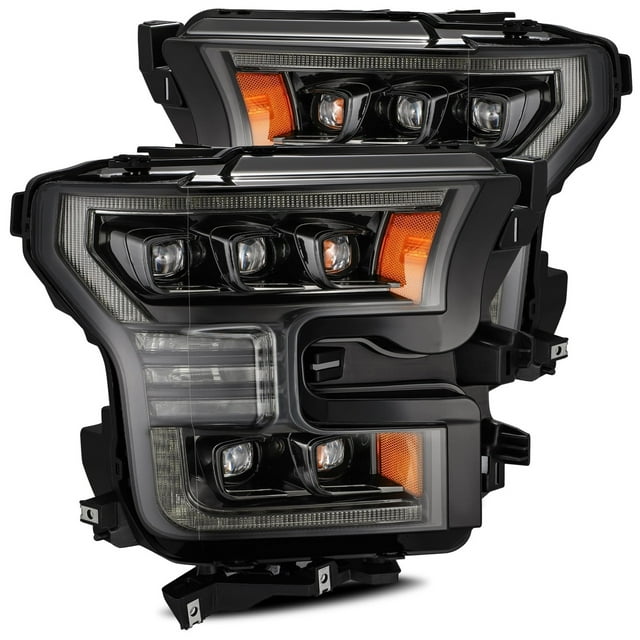 Fits 2015-2020 Ford F-150 AlphaRex USA Headlight Assembly 880163 NOVA-Series; LED Bulb; 5 OSRAM LED; Clear Polycarbonate Lens; Mid-Night Black Housing; 6000 Kelvin; DOT/SAE Approved; Set Of 2