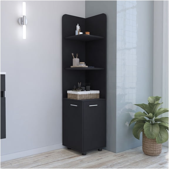 JERFIT Corner Linen Cabinet with Doors, Freestanding Storage Organizer for Bathroom & Bedroom, 4 Adjustable Shelves, Black Finish