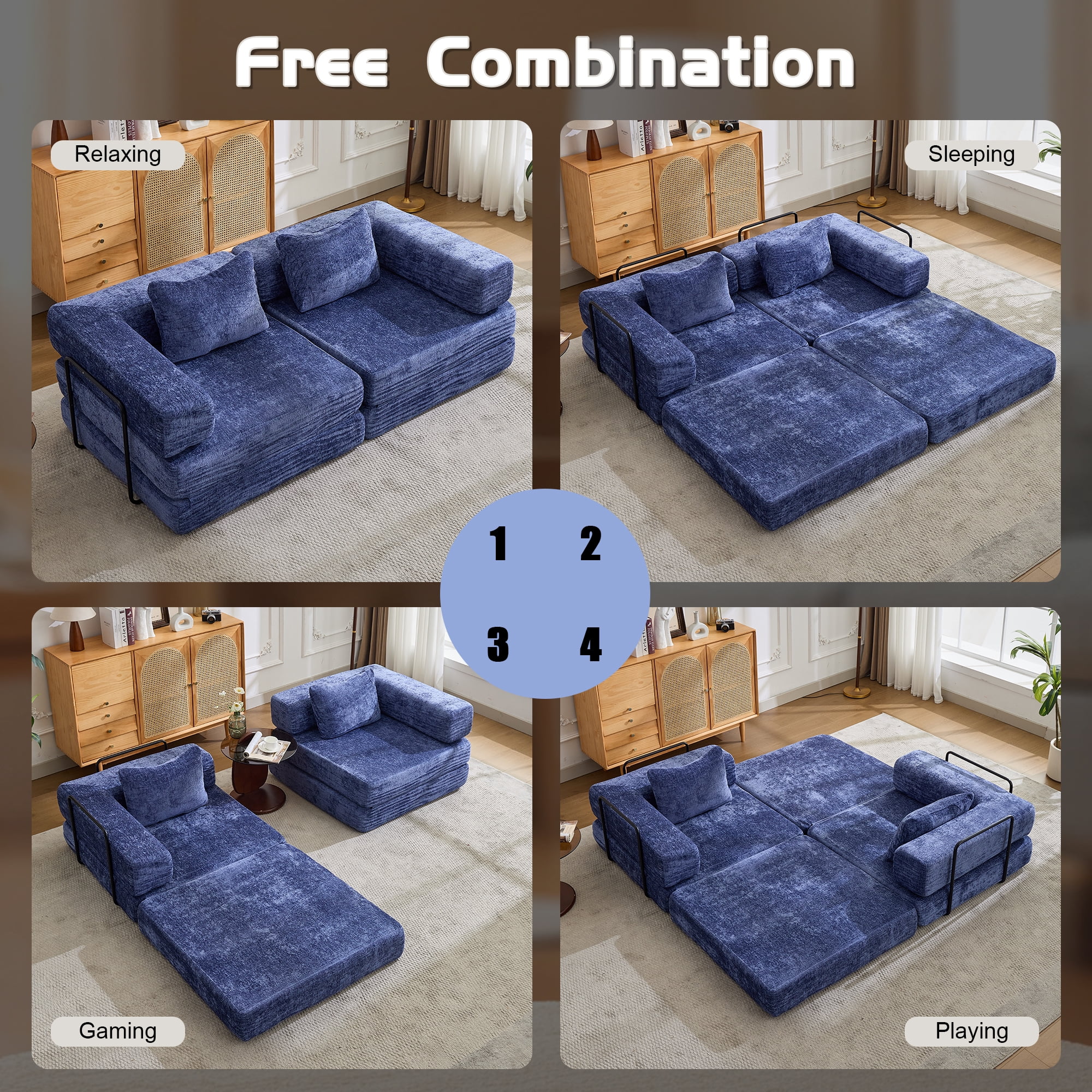 Miniyam Convertible Chenille Sofa Bed Couch, Modular Folding Floor Sleeper with Armrests, Space Saving Design for Living Room, Blue