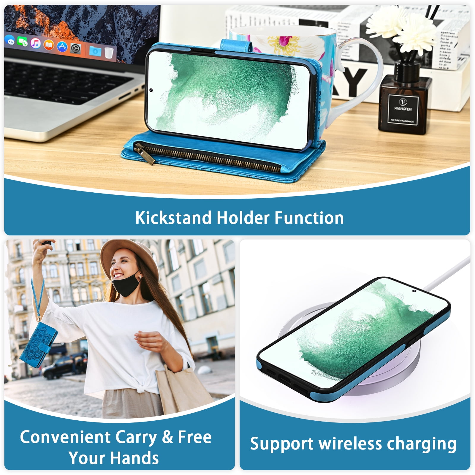 Phone Case for Samsung Galaxy S22 Plus S22+ 5G Zipper Wallet Magnetic Detachable Cell Cover with Tempered Glass Screen Protector Crossbody Strap Flower Card Holder Slot S22 S22plus S 22+ Women Blue