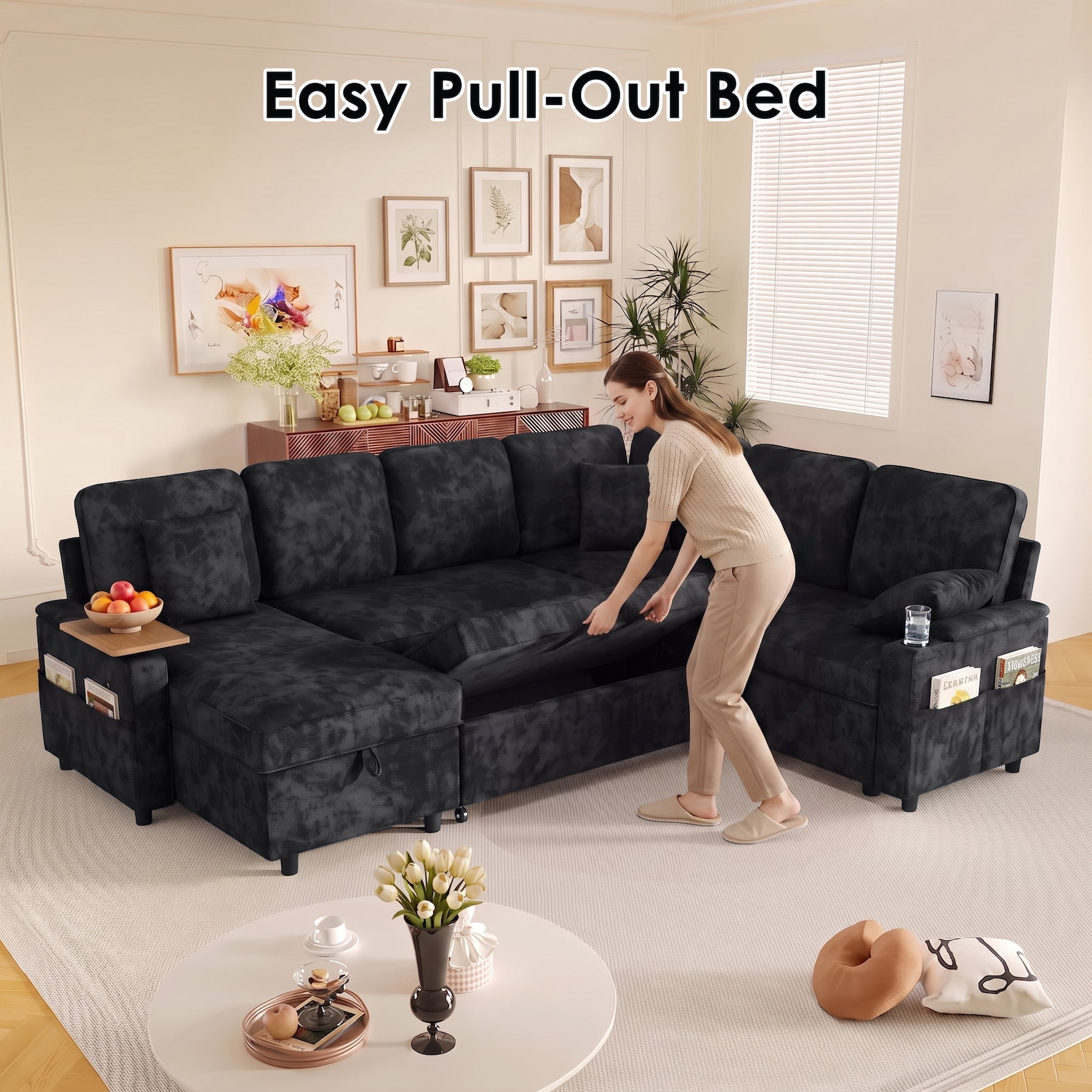 Xiweot 108" Modular Sectional Sleeper Sofa with Pull Out Couch, L Shaped Sofa Bed with Storage Chaise, Adjustable Backrest, USB Ports & Small Table, 7 Seaters Chenille Sofa for Living Room (Black)