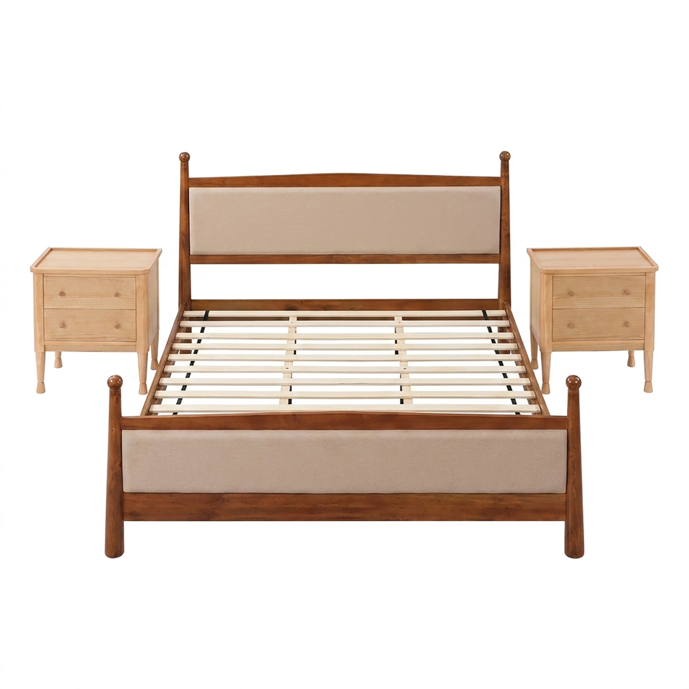 Christopher Knight Home Vintage Bedroom Set, King Upholstered Bed with 2 Nightstands, Cherry+Natural