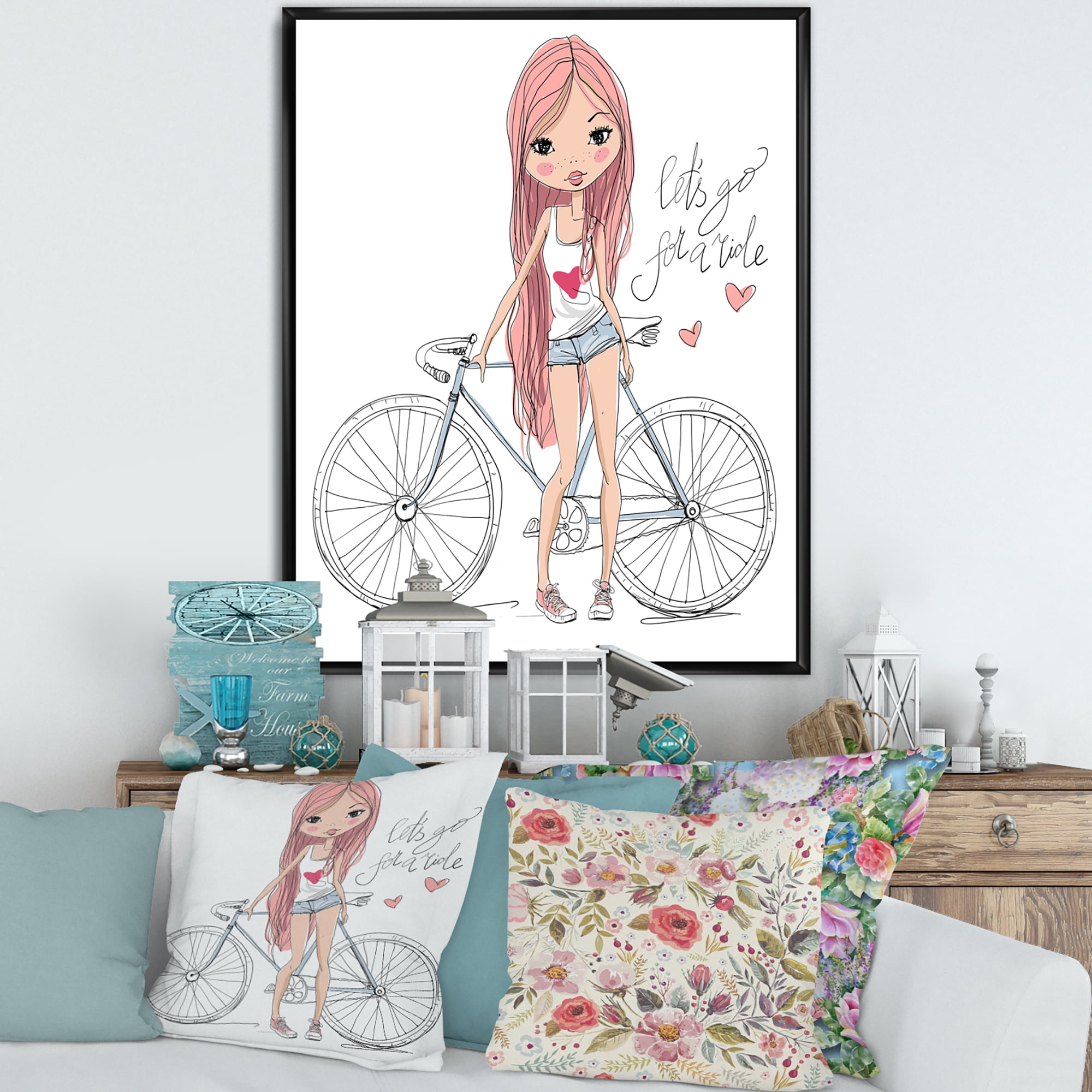 Designart 'Young Woman With Bicycle' Children's Art Framed Canvas Wall Art Print