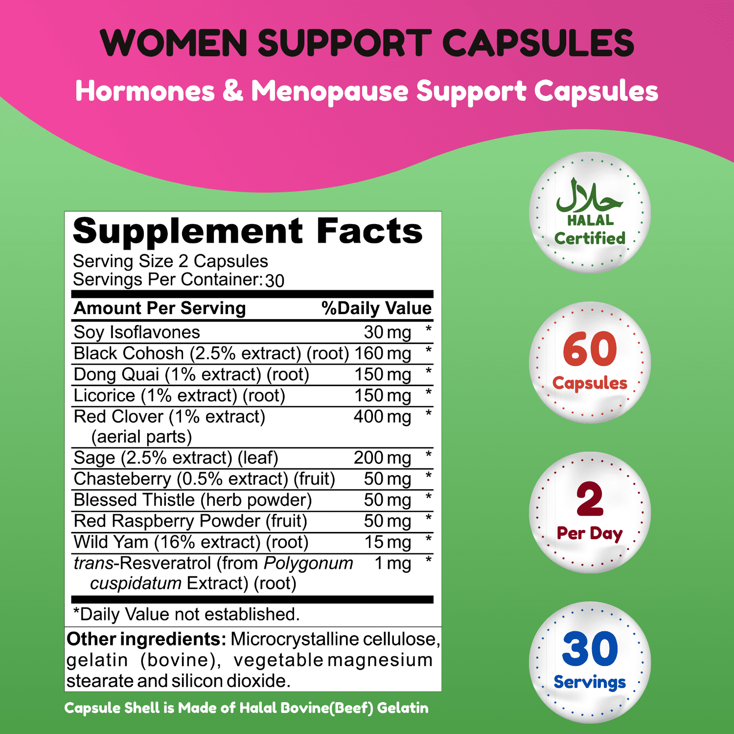 SHIFAA NUTRITION Women’s Support Supplement, Halal, Non-GMO, 60 Ct – Menopause, Hormone & Estrogen Balance, Hot Flashes & Mood Support