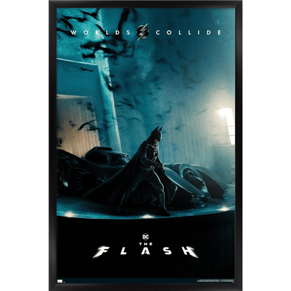 DC Comics Movie The Flash - Batman and Batmobile One Sheet Wall Poster, 14.725" x 22.375" Framed