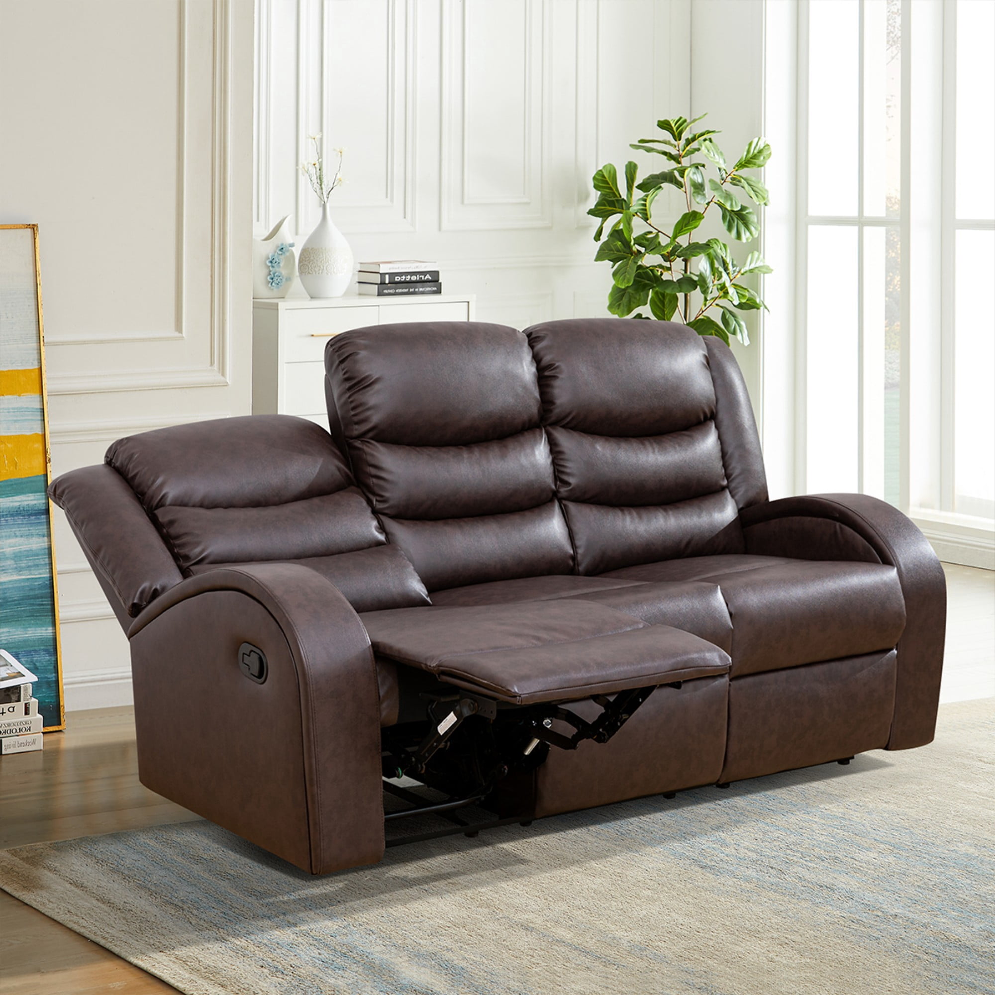 Gewnee Brown 3-Seater Reclining Sofa - Air Leather & High-Elastic Sponge, Perfect for Living Rooms
