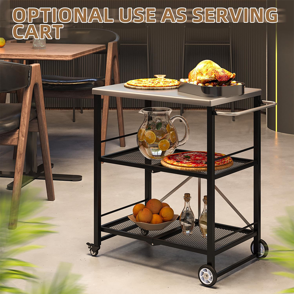 Three-layer foldable stainless steel cart with wheels, portable kitchen island suitable for apartment, studio, and backyard cooking, black