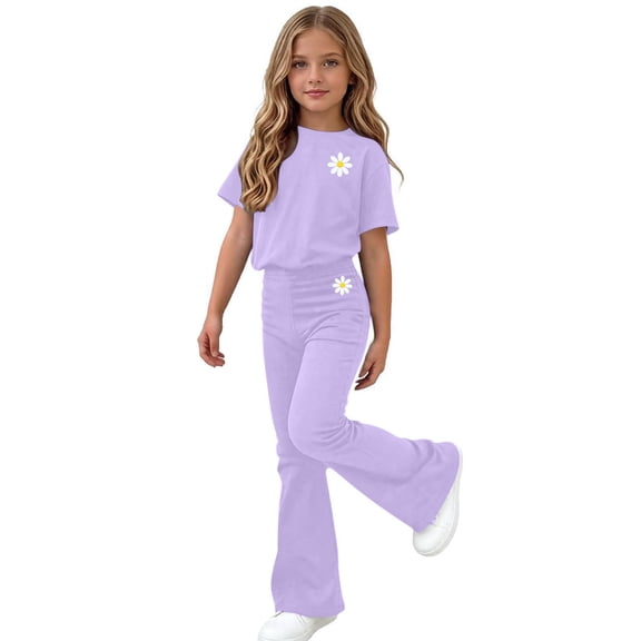 Fnooota Girls Outfit Sets Short Sleeve, 2 Piece School Summer Girls Clothing Sets Purple Size 6